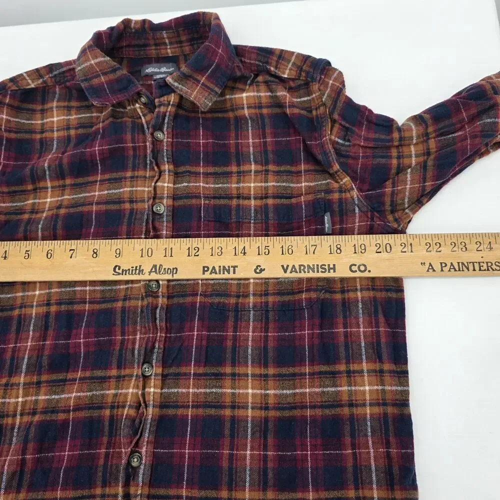Eddie Bauer Shirt Men's Medium Long Sleeve Button Up Blue Orange Plaid Flannel